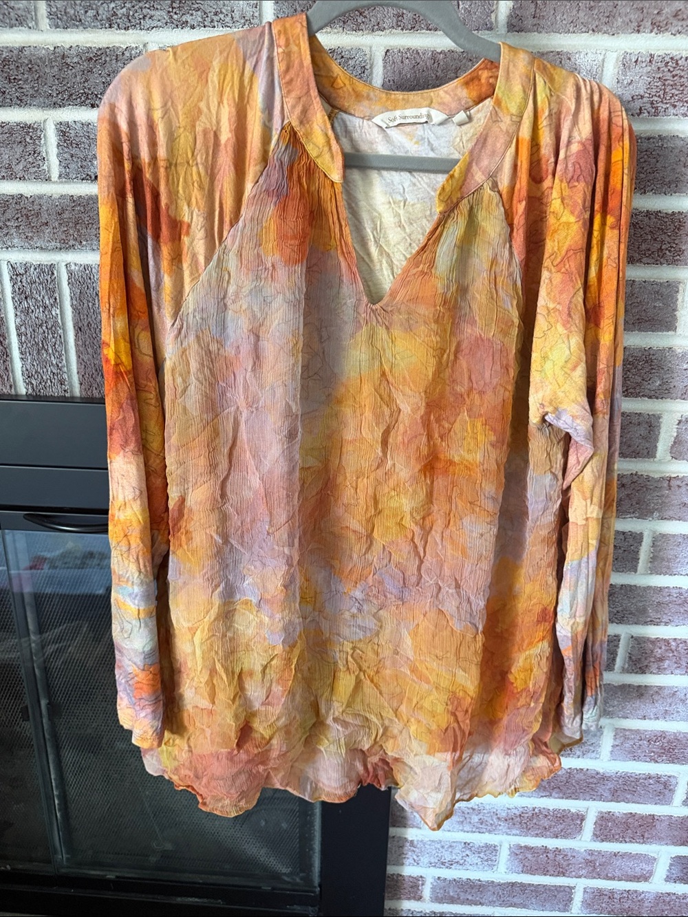 Soft Surroundings Watercolor Crinkle V-Neck Long Sleeve Top in Sunset Hues